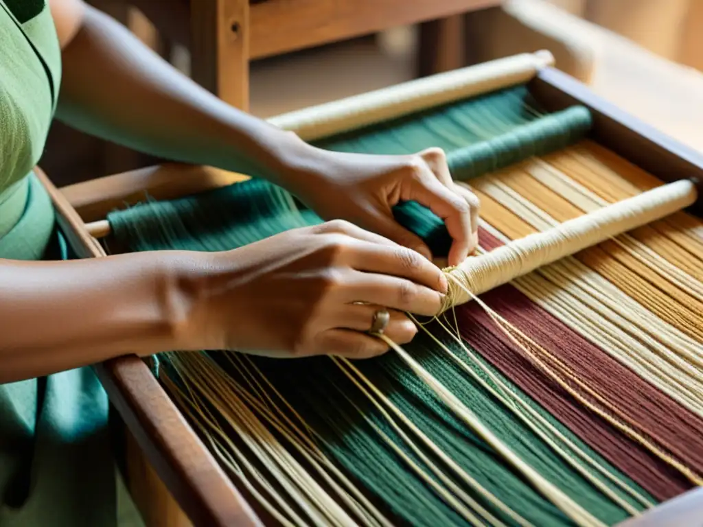 Artesano tejiendo sostenibilidad con fibras naturales, evocando tradición y tiempo