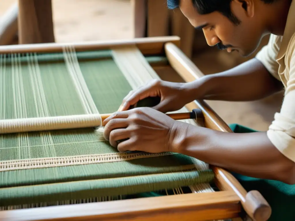 Un artesano tejiendo sostenibilidad con fibras naturales en un telar tradicional, evocando la belleza vintage de la artesanía textil