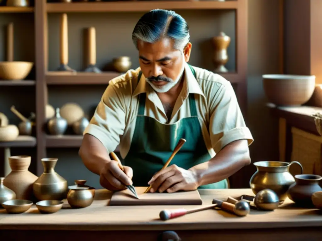 Artesano aplicando para subvenciones, trabajando en artesanía tradicional con dedicación y destreza, rodeado de herramientas y materiales en iluminación suave y natural