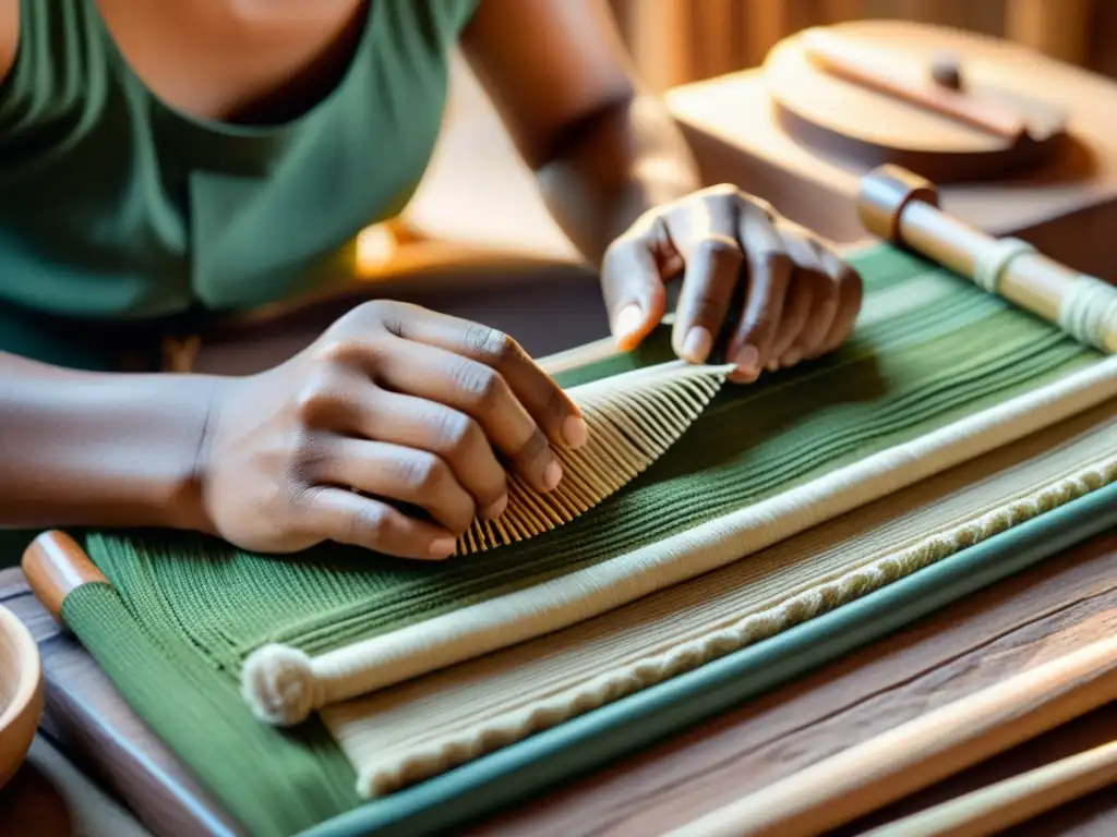 Un artesano sustentable crea una obra con materiales naturales, rodeado de herramientas vintage, evocando tradición y calidez