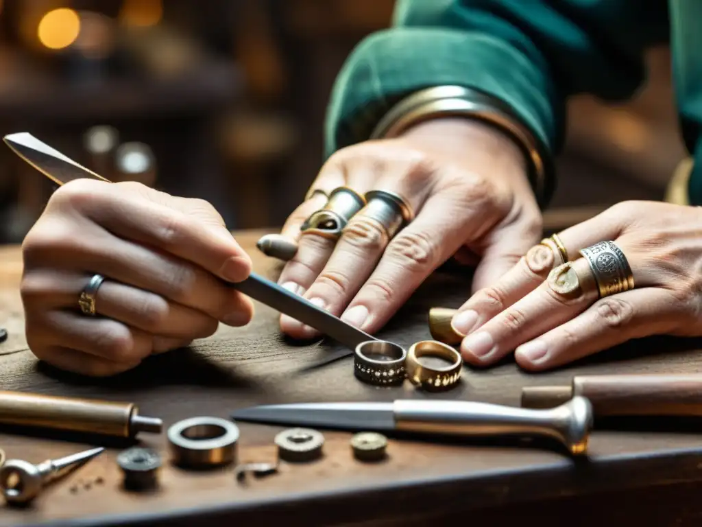 Un artesano talentoso crea joyería artesanal con herramientas tradicionales, evocando nostalgia y celebrando la artesanía atemporal