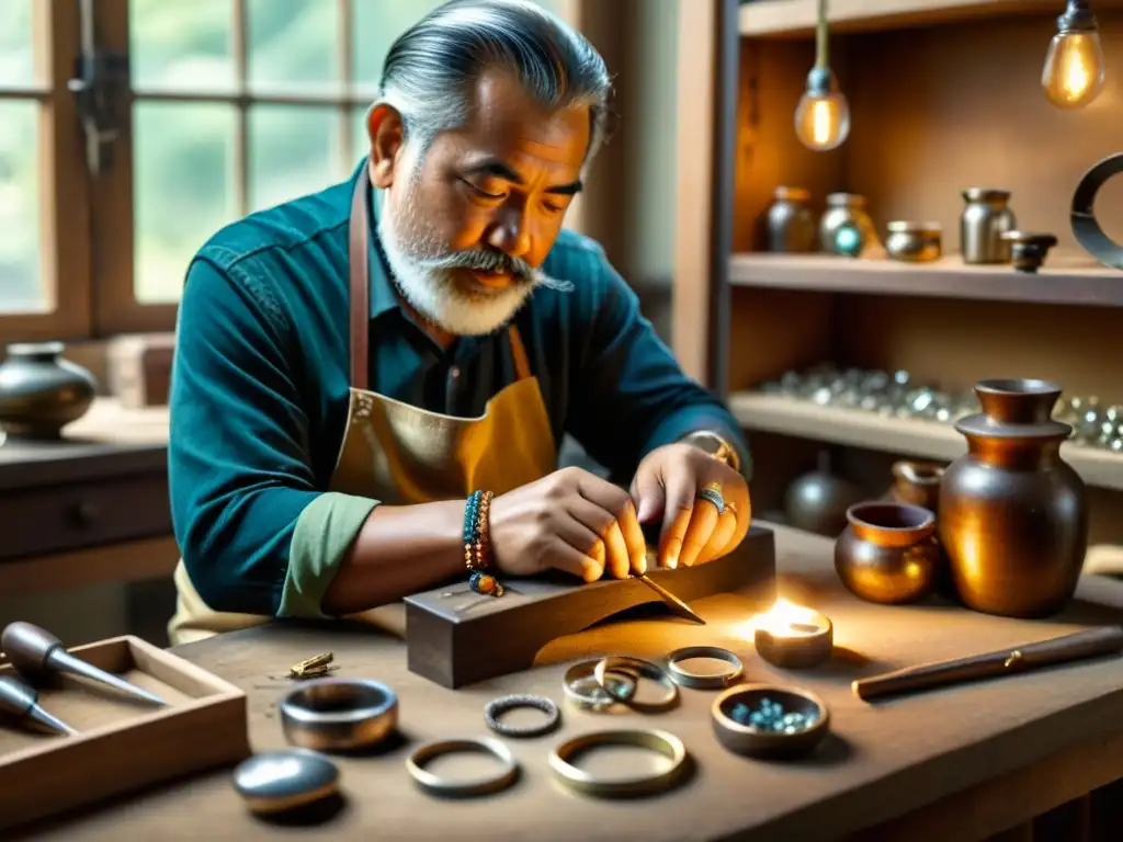 Un artesano de joyería talla cuidadosamente un anillo de plata en su taller vintage, rodeado de herramientas antiguas y gemas crudas