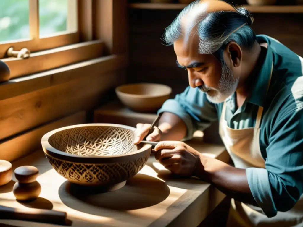 Un artesano talla con maestría una artesanía tradicional en la era digital, evocando nostalgia y dedicación