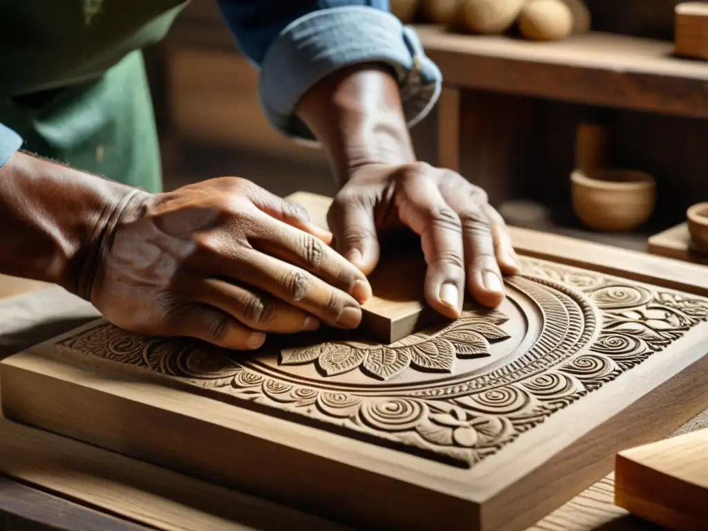 Un artesano talla detalladamente un bloque de impresión de madera, con texturas naturales resaltadas por cálida luz vintage