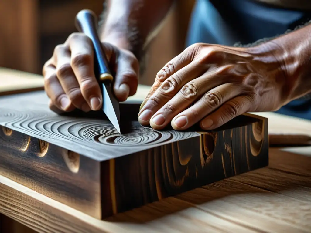 Un artesano talla con cuidado una detallada pieza de madera oscura, usando herramientas tradicionales bajo cálida luz natural