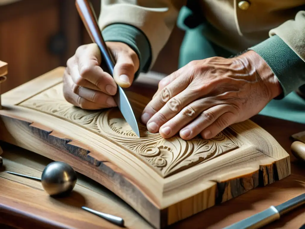 Un artesano talla con cuidado detalles en madera, mostrando la artesanía con técnicas de fotografía artesanal