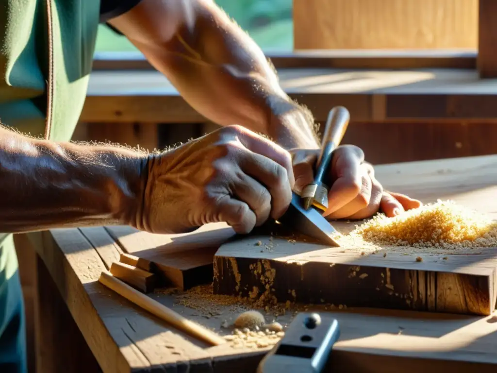 Un artesano talla con cuidado detalles en madera en su taller rústico, con una atmósfera nostálgica y cálida