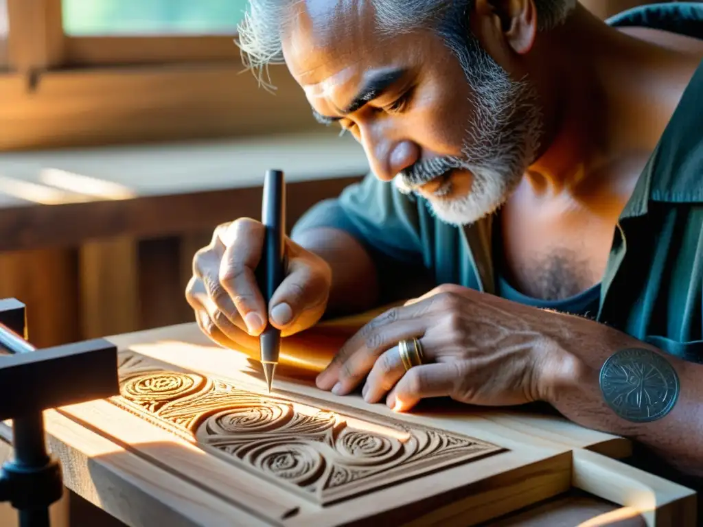 Un artesano talla con cuidado un diseño en madera recuperada, combinando herramientas tradicionales y digitales