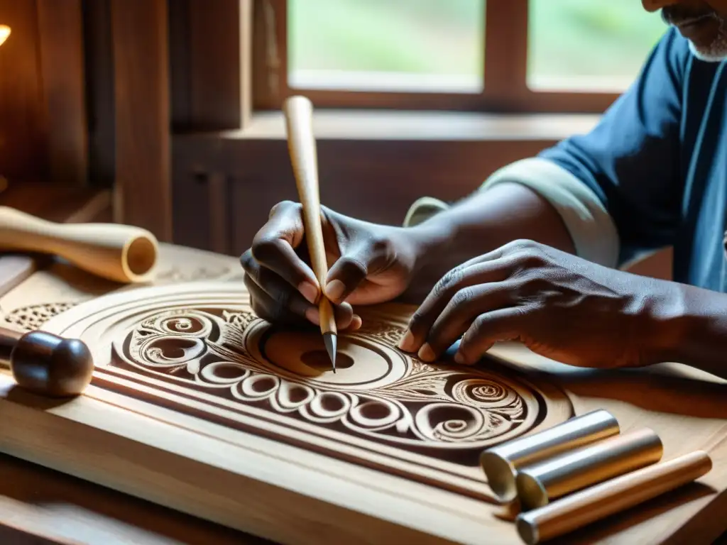 Un artesano talla con cuidado diseños en un instrumento musical de madera, rodeado de herramientas vintage