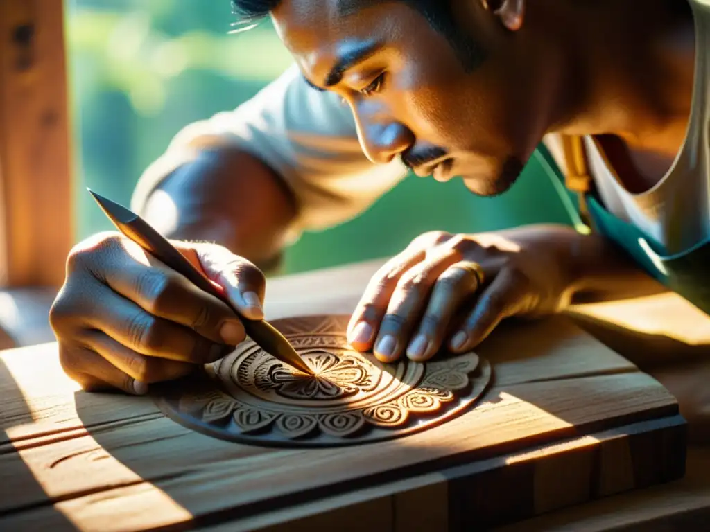 Un artesano talla con cuidado diseños en madera, con luz suave filtrándose por la ventana