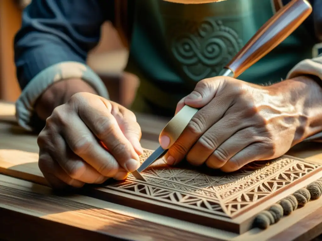 Un artesano talla con cuidado diseños en madera, con luz natural que realza el ambiente cálido y nostálgico