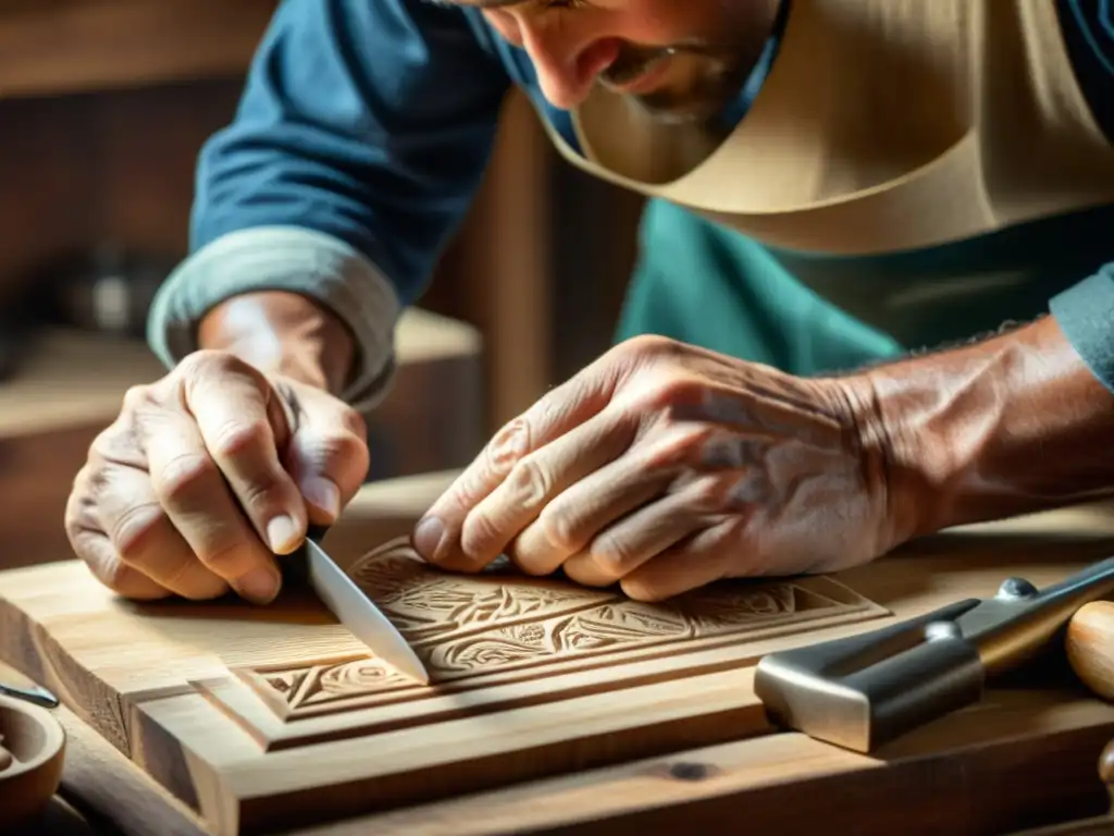 Un artesano talla con cuidado una intrincada pieza de madera, mostrando destreza y pasión por la artesanía sostenible