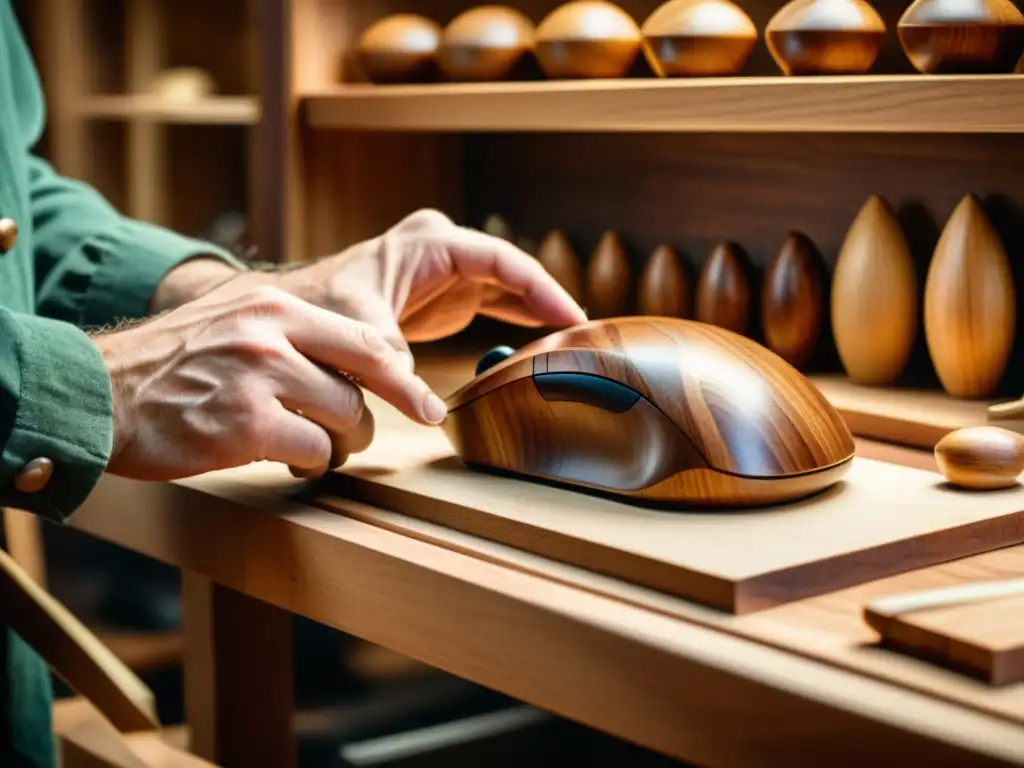 Un artesano talla con cuidado un ratón ergonómico de madera, evocando la habilidad artesanal y la ergonomía en herramientas artesanales digitales