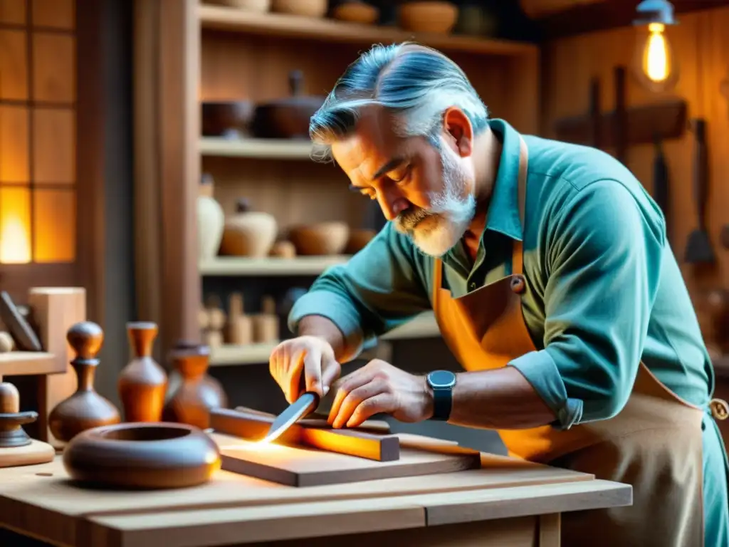 Un artesano talla con cuidado en su taller, creando una escultura de madera