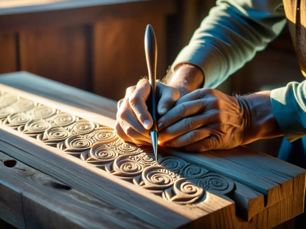 Un artesano talla con dedicación en madera antigua, con una atmósfera nostálgica y cálida