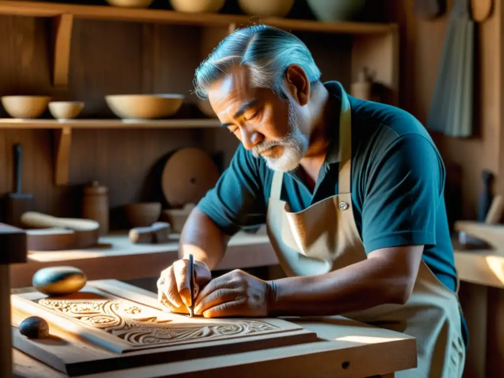 Un artesano talla con dedicación una obra de arte tradicional en madera