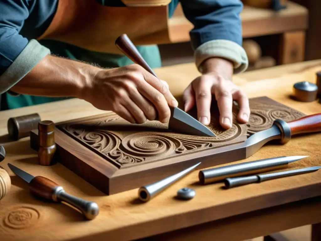 Un artesano talla con delicadeza diseños en madera, rodeado de herramientas vintage