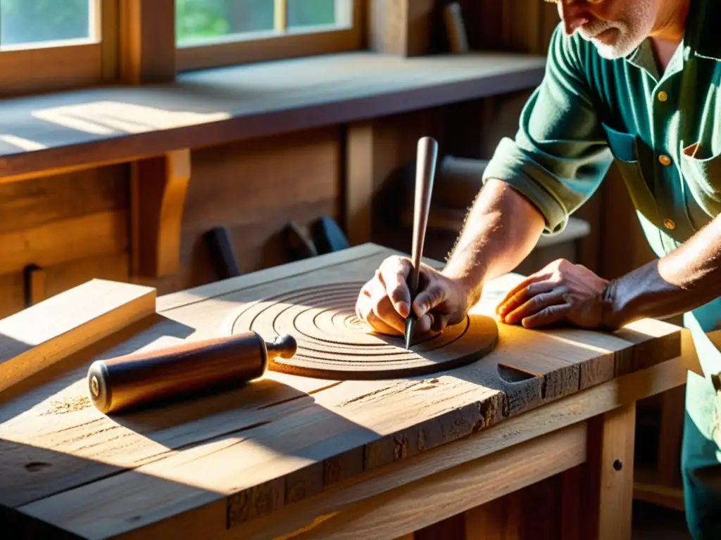 Un artesano talla delicados diseños en una mesa de madera con herramientas tradicionales en un taller rústico, mostrando la belleza de las técnicas carpintería tradicionales en contraste con las impresoras 3D