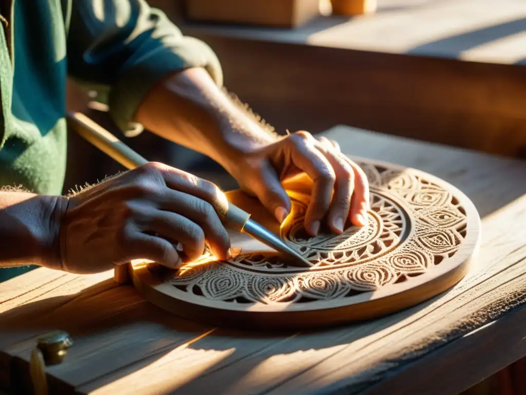 Un artesano talla con destreza detalles en un instrumento musical de madera, con herramientas vintage y luz cálida