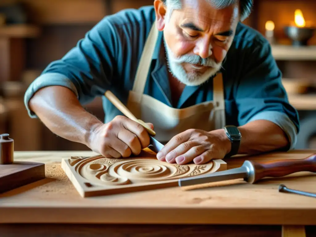 Un artesano talla con destreza diseños en madera en un taller cálido y rústico