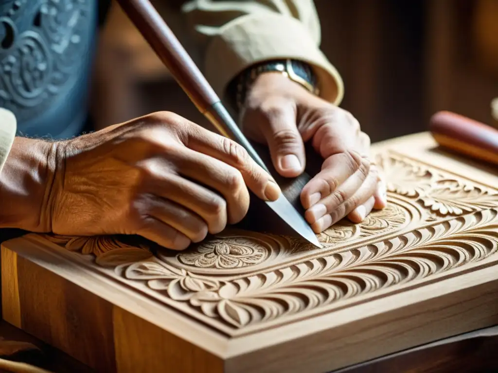 Un artesano talla con destreza diseños en madera, iluminado por una cálida luz