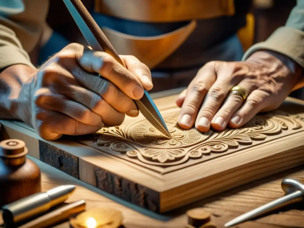 Un artesano talla con destreza diseños en madera, rodeado de herramientas vintage