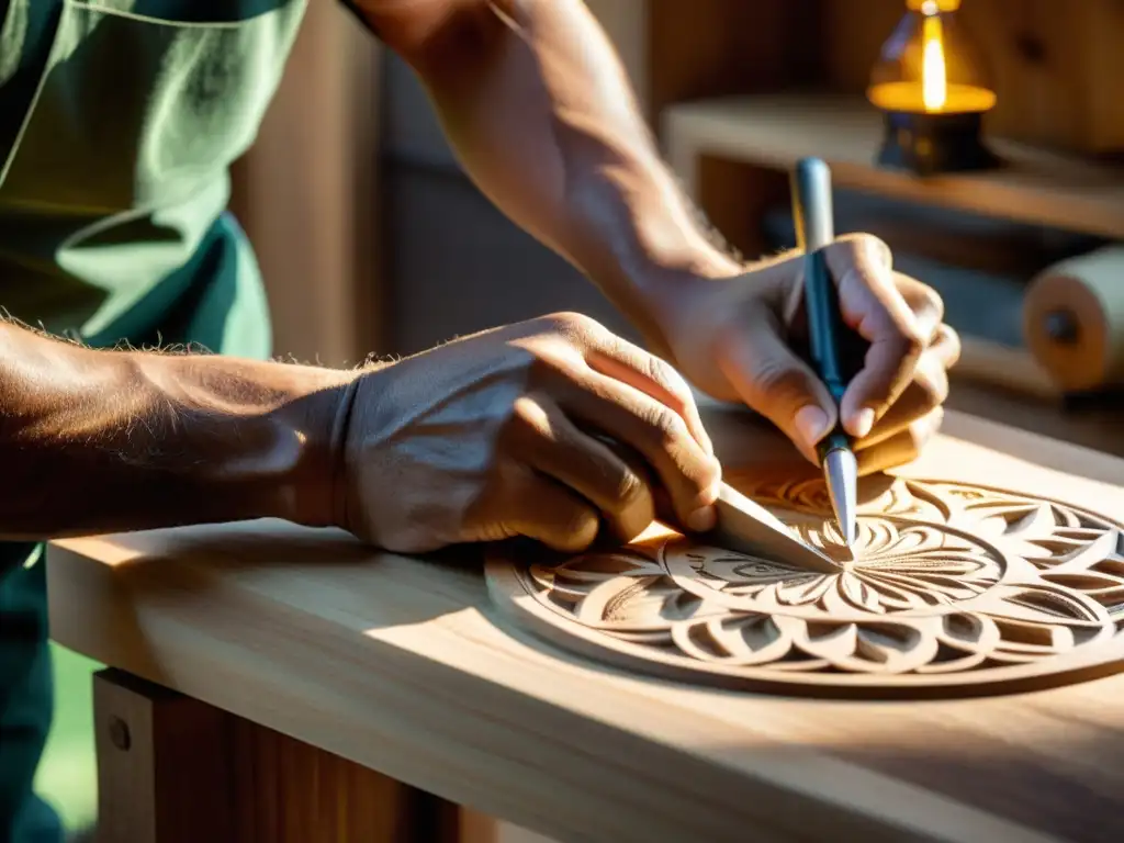 Un artesano talla con destreza diseños en madera sostenible, iluminado por una cálida luz vintage