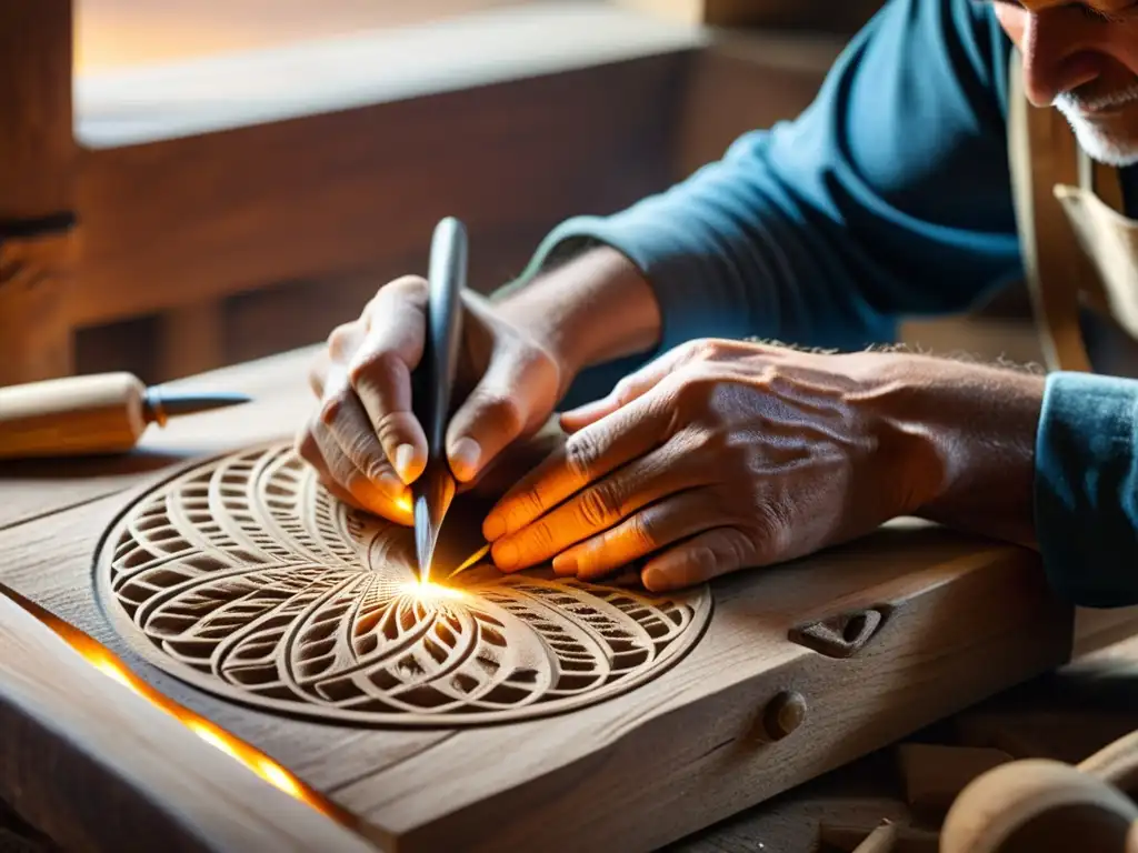 Un artesano talla con destreza diseños en madera, bañado por la cálida luz del sol