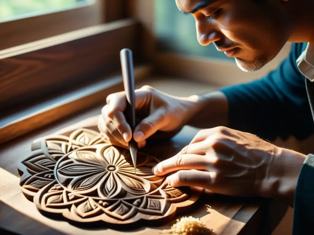 Un artesano talla con destreza una elaborada pieza de madera en un cálido taller iluminado por luz natural