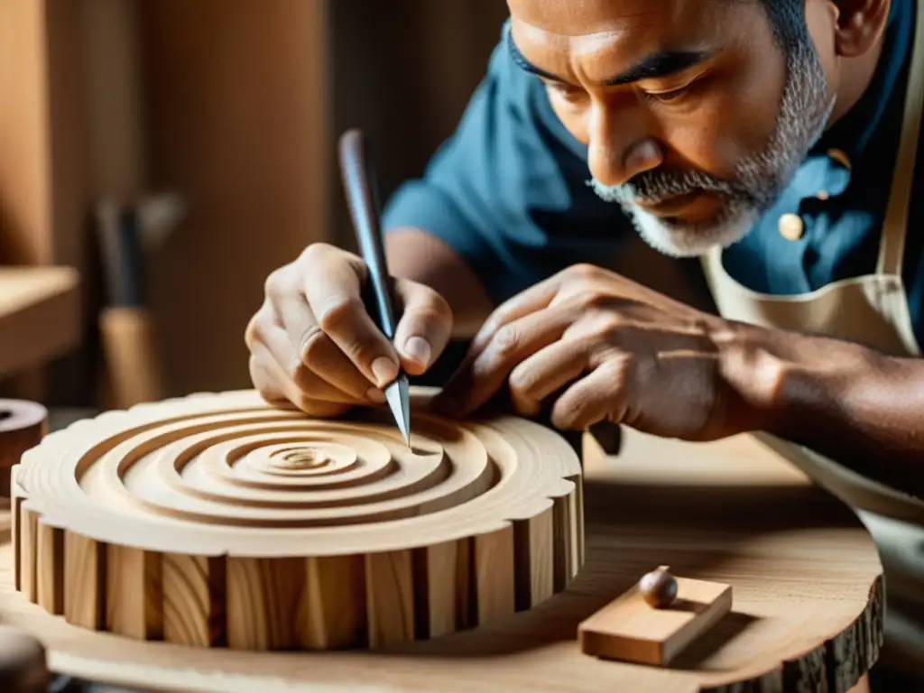 Un artesano talla con destreza una escultura en madera sostenible, con detalles intrincados y una expresión concentrada