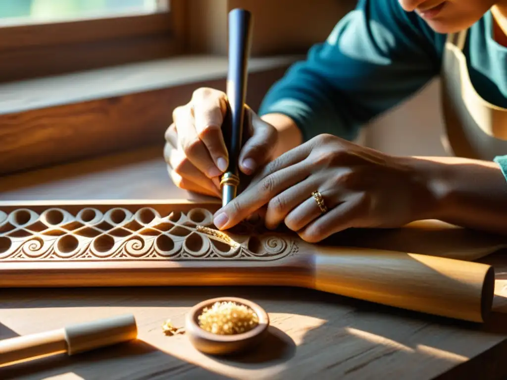 Un artesano talla con destreza una flauta de madera, con virutas esparcidas y joyas tradicionales en sus manos