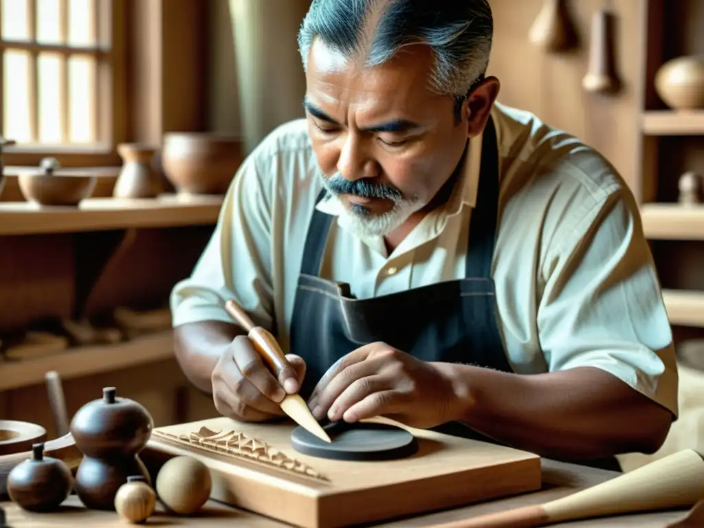 Un artesano talla con destreza un instrumento musical tradicional rodeado de herramientas y virutas de madera