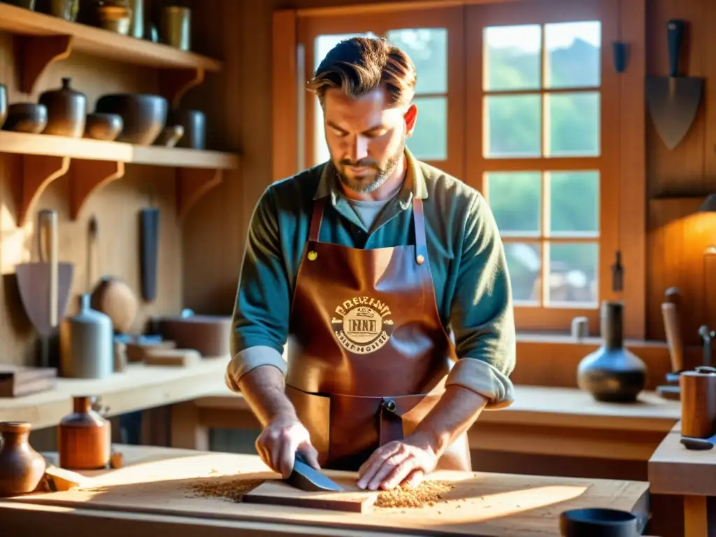 Un artesano talla con destreza una intricada pieza de madera en su rústico taller, evocando la autenticidad de la artesanía tradicional