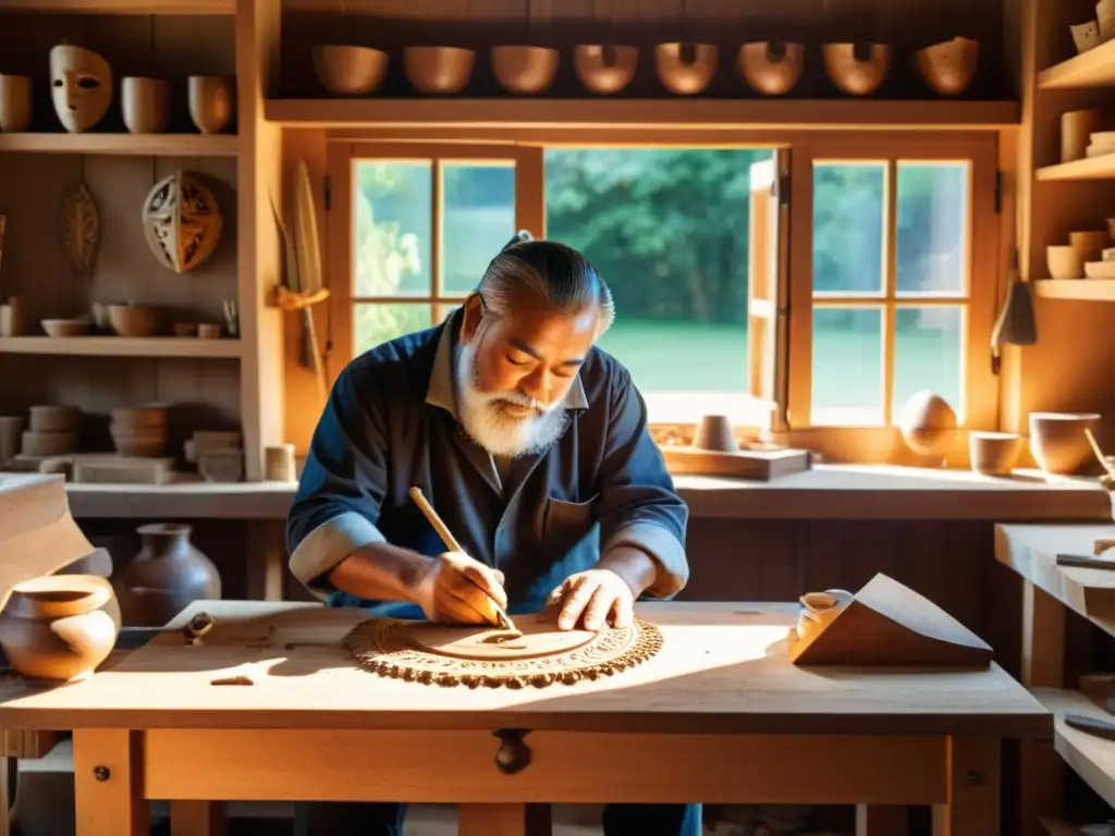 Un artesano talla con destreza una máscara de madera en su taller, con luz solar cálida iluminando el espacio