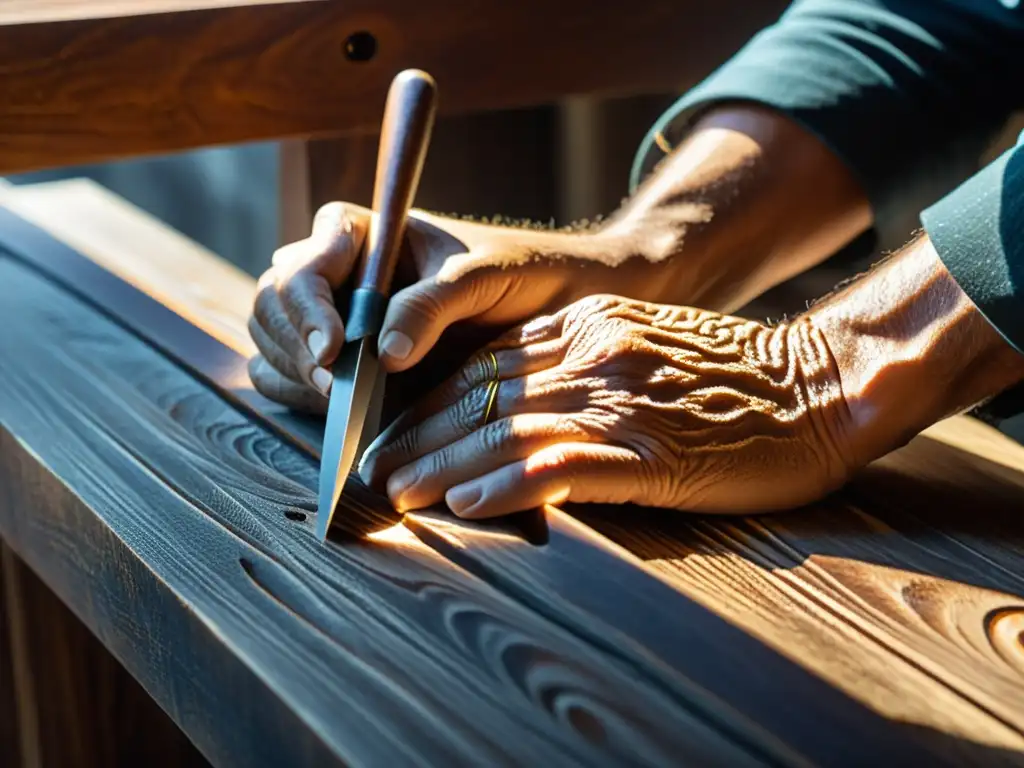 Un artesano talla con destreza patrones en madera oscura, reflejando la cultura maker y la artesanía tradicional con sus manos curtidas por el tiempo