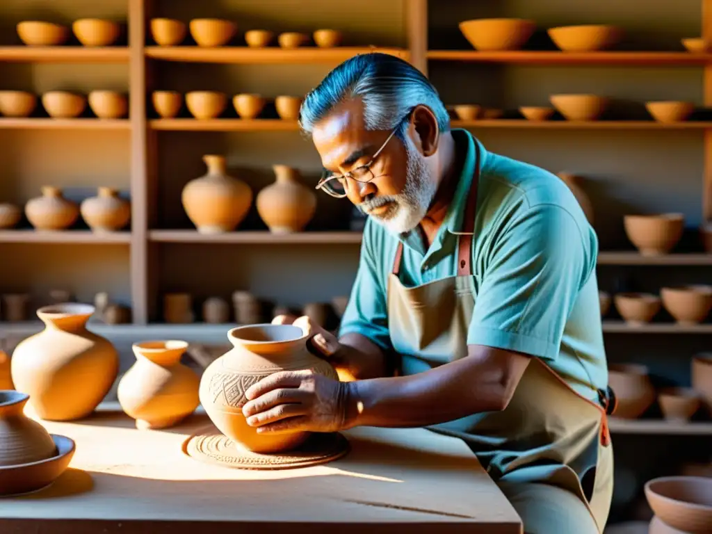 Artesano tallando cerámica: tradición y destreza artesanal Un artesano talla con destreza una pieza de cerámica tradicional, preservando artesanía tradicional mediante storytelling digital