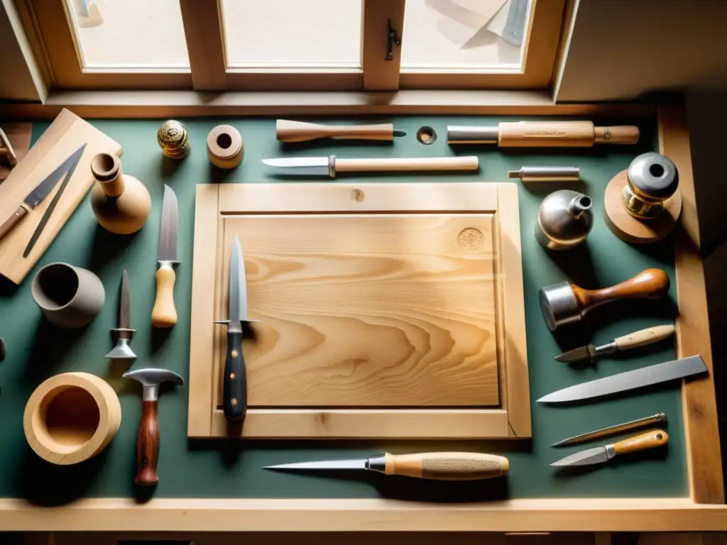 Un artesano crea una talla detallada en madera en una mesa de trabajo vintage, iluminada por luz natural