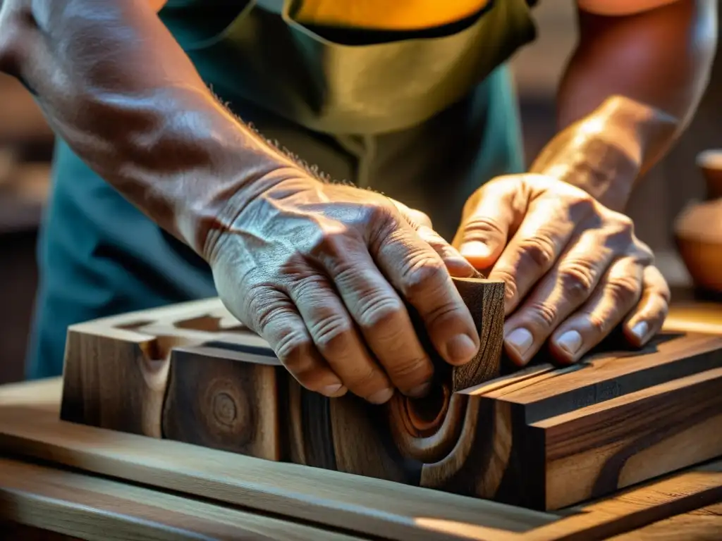 Un artesano talla con detalle en madera oscura, mostrando la dedicación y la tradición artesanal en la era digital