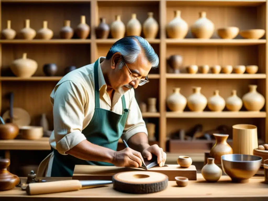 Un artesano talla con detalle una pieza de madera en su taller tradicional, evocando la nostalgia y la artesanía tradicional