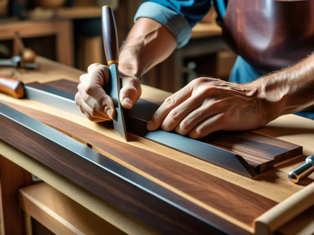 Un artesano talla detalles en madera oscura, fusionando tradición con tecnología