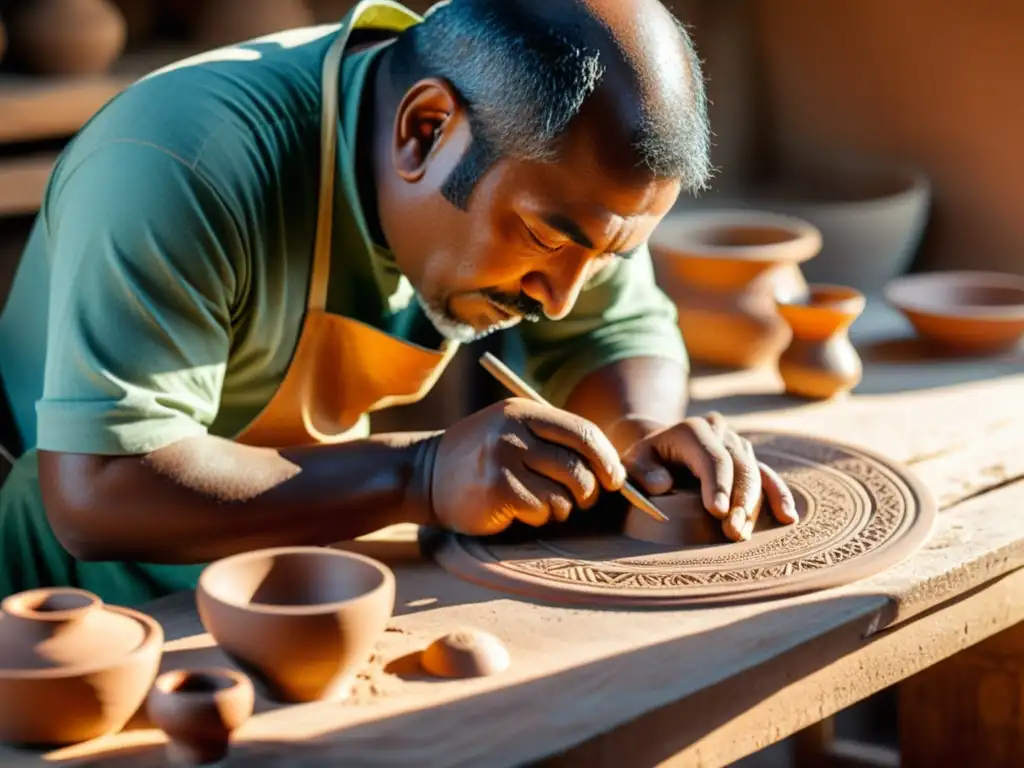 Un artesano talla diseños en cerámica, rodeado de herramientas tradicionales