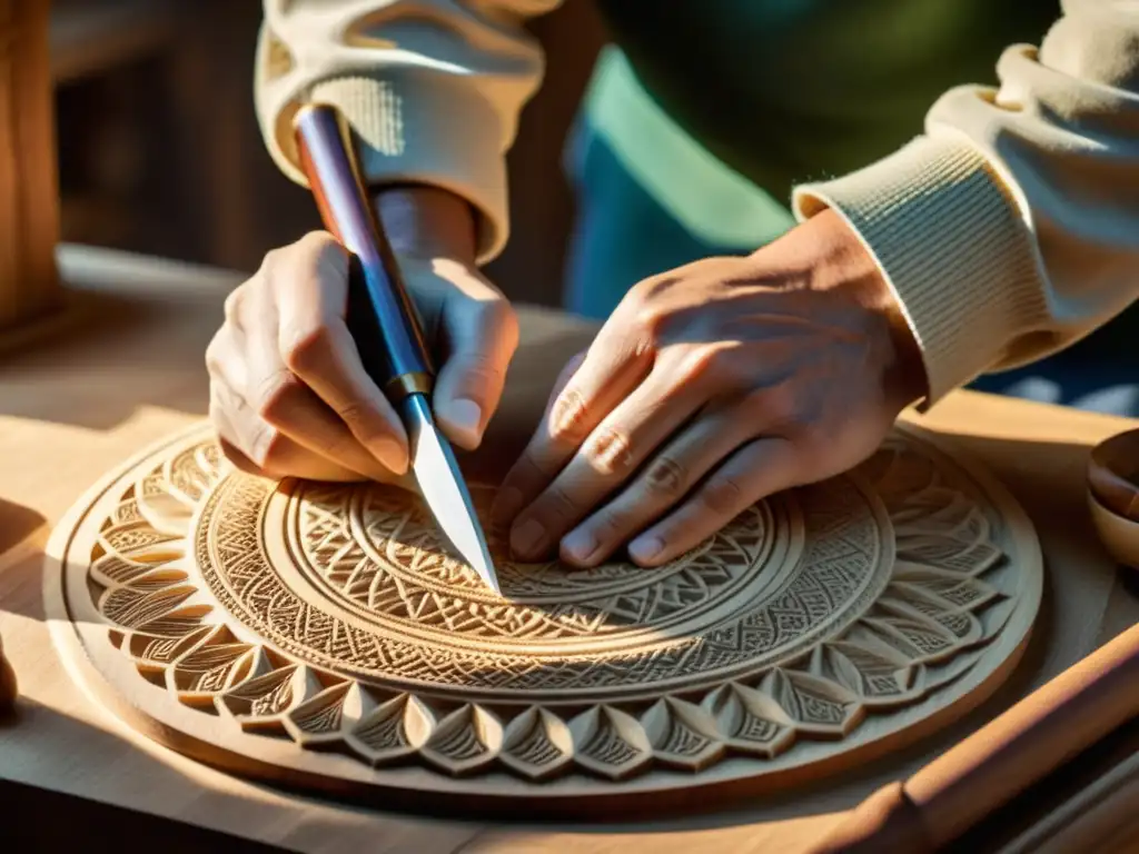 Un artesano talla diseños detallados en madera, con luz suave que realza la destreza y textura