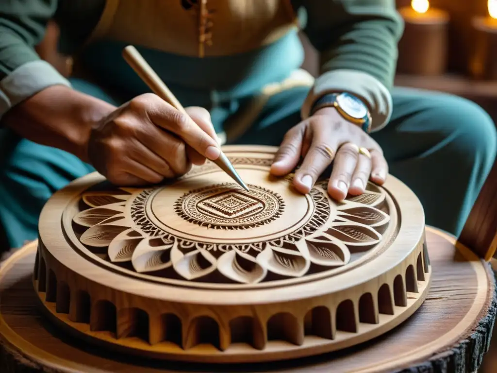 Un artesano talla diseños en un instrumento musical de madera, con el cálido resplandor del taller iluminando la escena