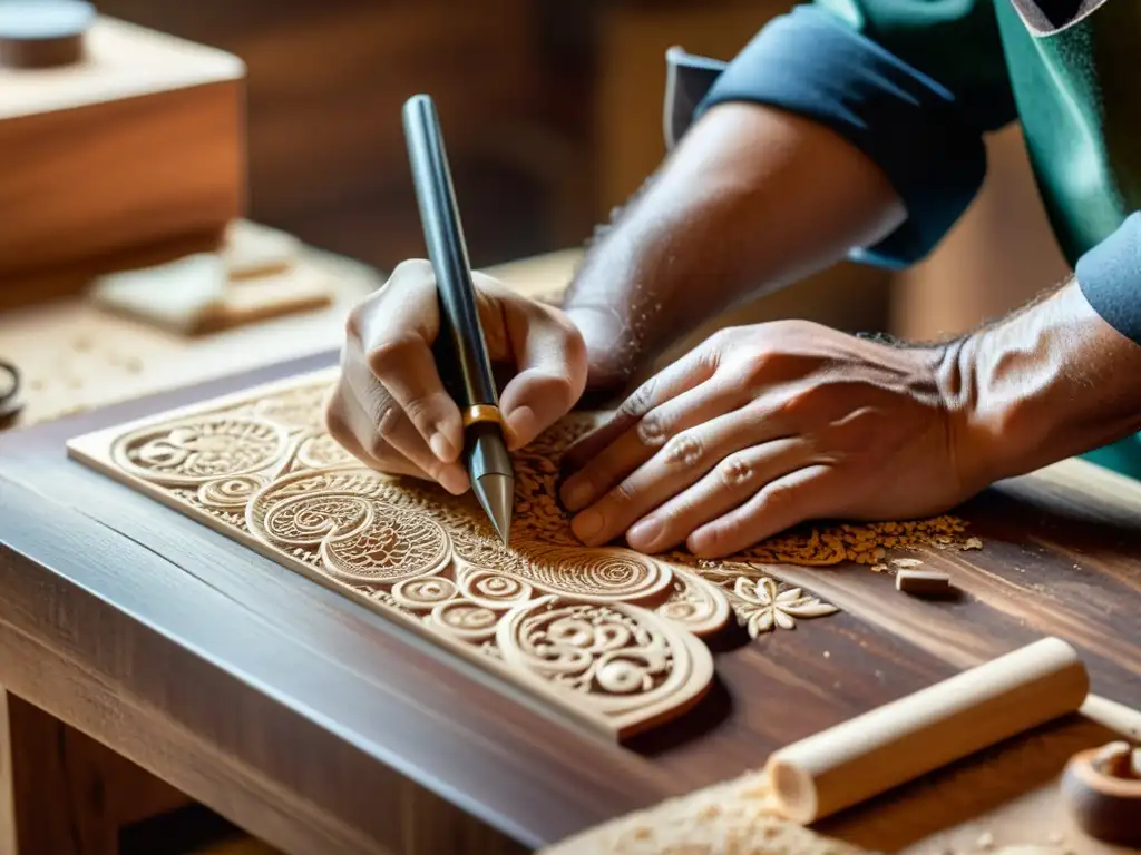 Un artesano talla diseños intrincados en madera, con luz cálida que resalta la textura natural