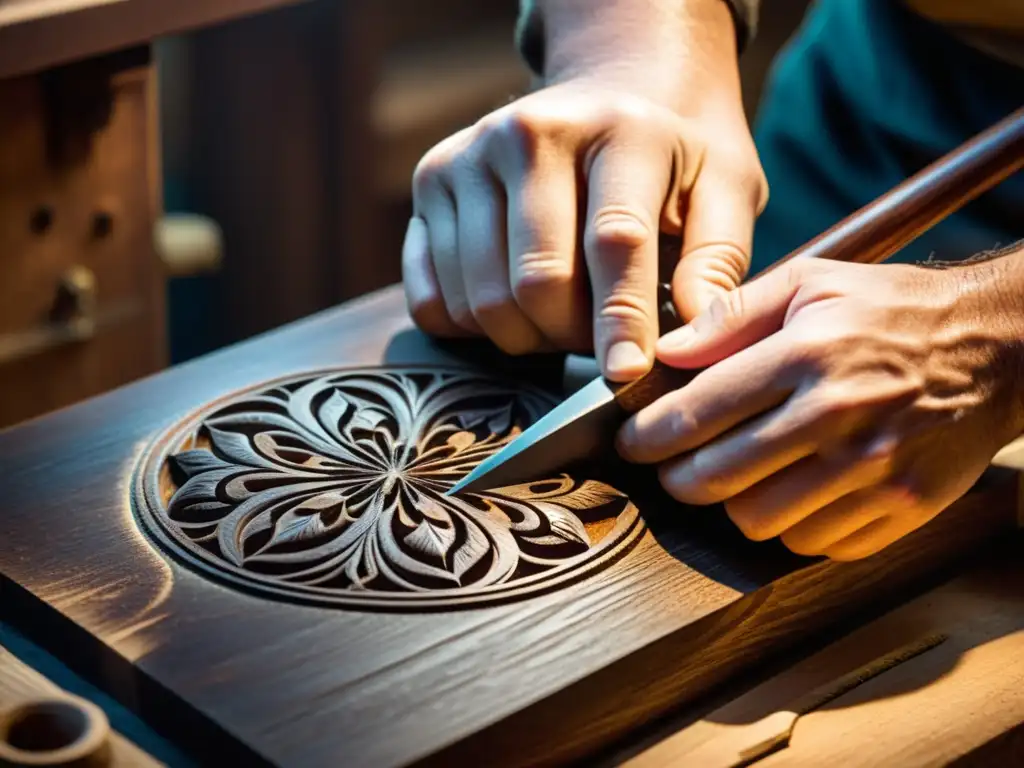 Un artesano talla diseños intrincados en madera oscura, iluminado por una suave luz vintage