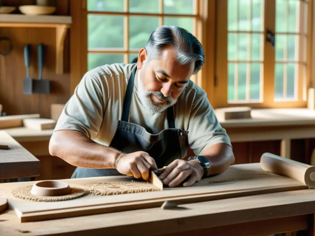 Un artesano talla diseños intrincados en madera sostenible, en un taller inundado de luz natural