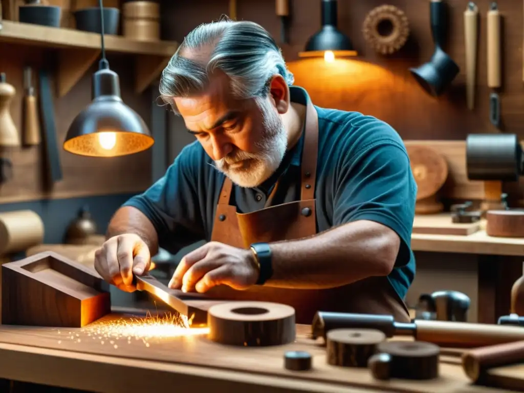 Un artesano talla meticulosamente diseños en madera oscura, iluminado por cálidas luces vintage