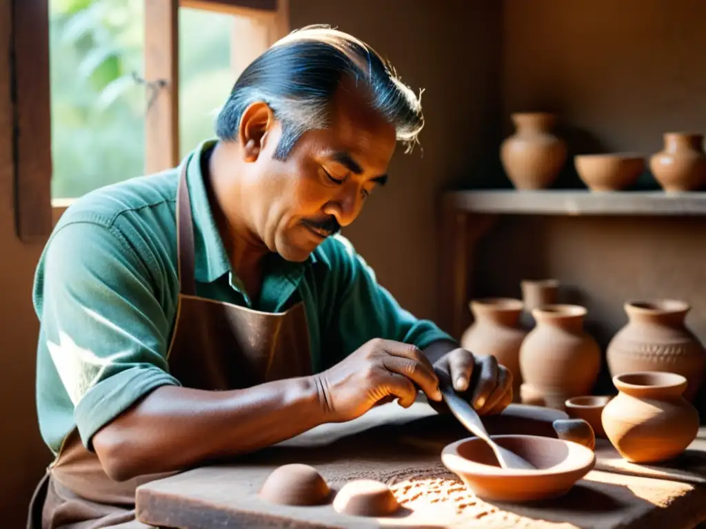 Un artesano talla diseños en una pieza de cerámica, evocando la artesanía tradicional en la era digital con maestría y dedicación