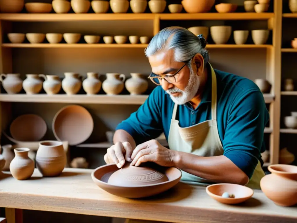 Un artesano talla diseños en una vasija de barro en su taller, rodeado de artesanía tradicional y motion graphics