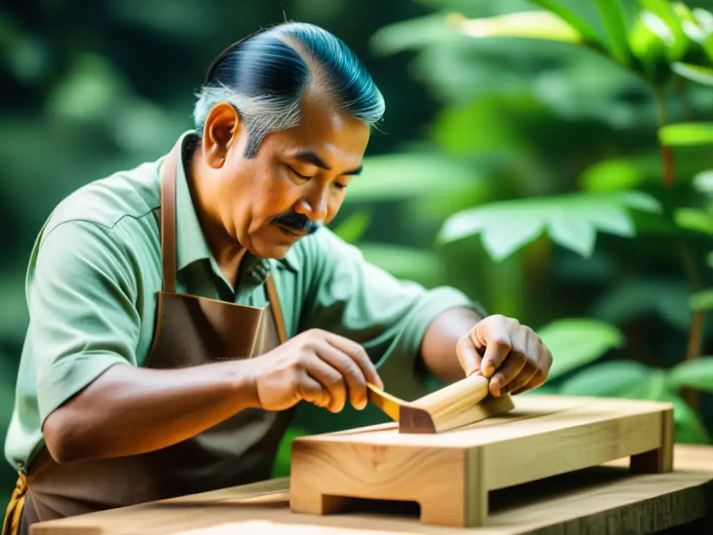 Un artesano talla una escultura de madera rodeado de vegetación